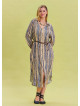 Patterned Shirt Collar Belt Detailed Beige Long Sleeve Dress 4450